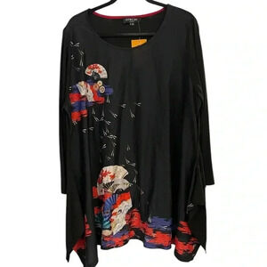 NWT Citron Santa Monica Asian print tunic cranes fans black 2X made in USA